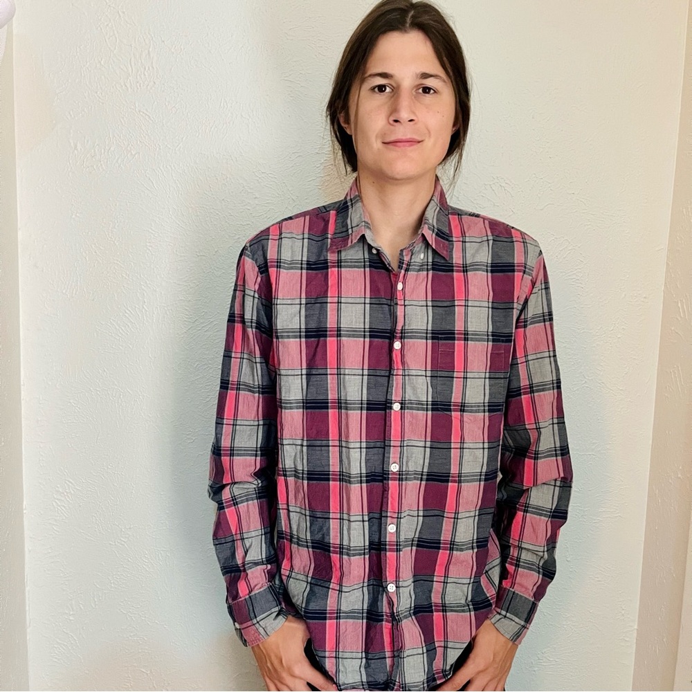J. Crew pinkish-red, blue, gray flannel